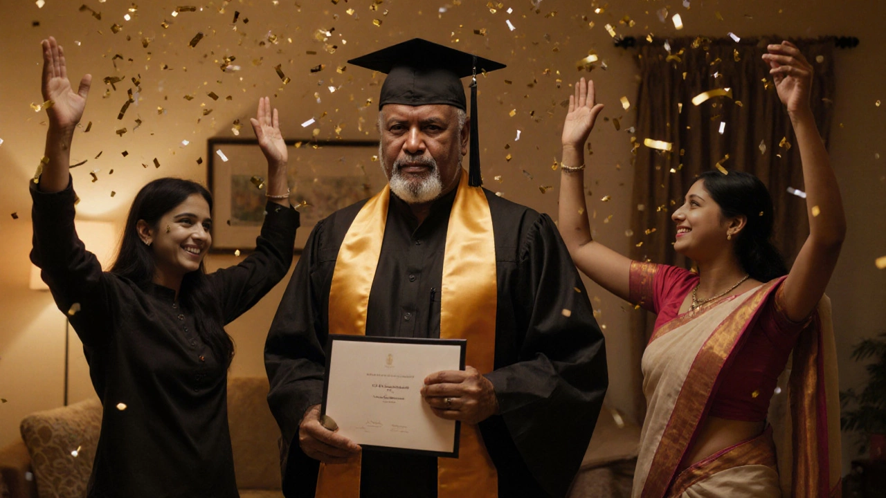 Adult Indian graduate in gown celebrating with family in living room.
