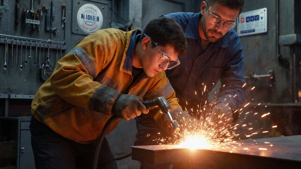 Apprentice and mentor welding steel plate with sparks and warm lighting.