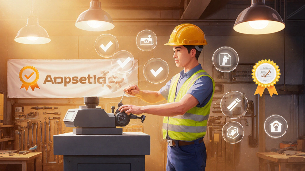 Apprentice operating machinery in a workshop with floating checklist icons.