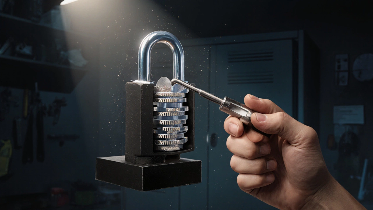 Close‑up of hand using a disc‑detainer pick set on a disc lock in a training lab.