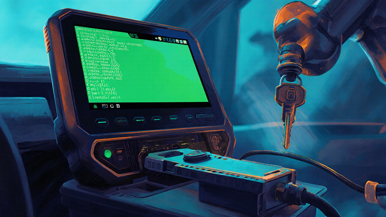 Close‑up of key programmer screen showing hex code, connected to OBD port with key cutter nearby.
