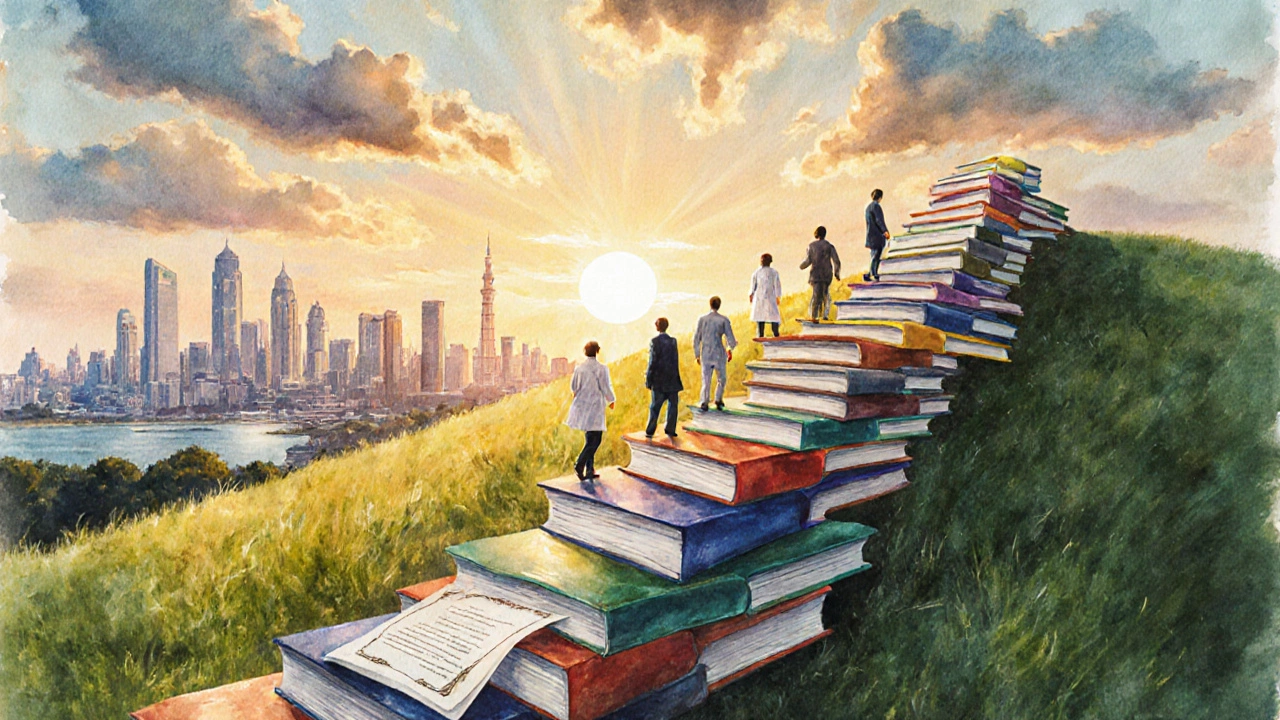 Colorful staircase of books and certificates leading to a sunrise skyline of Indian metros.
