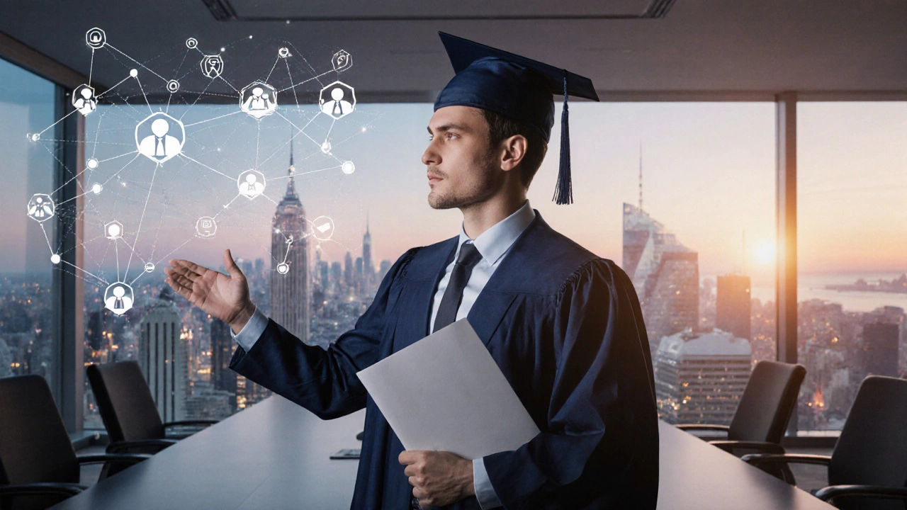 Confident graduate speaking in a corporate meeting, holding a certificate, with city skyline behind.