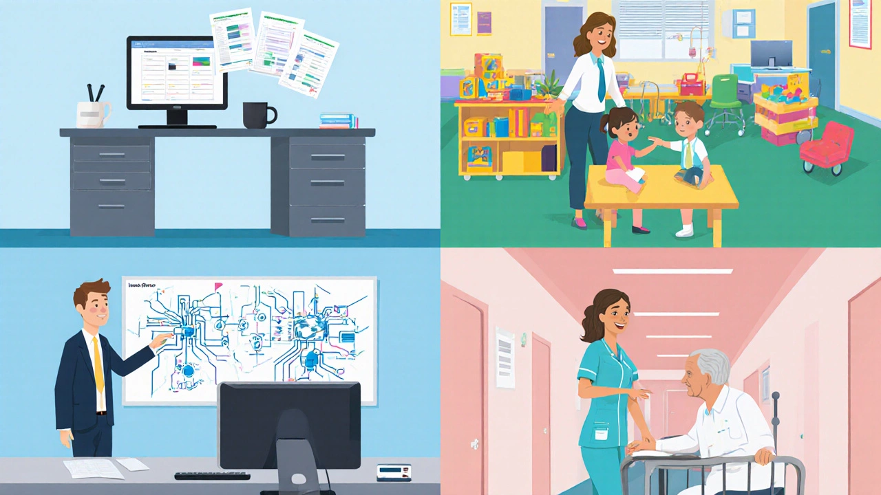 Four‑panel illustration showing office, preschool, computer lab, and hospital scenes.