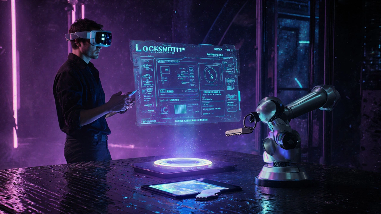 Futuristic AR workstation cloning a smart key with cloud‑based programming and BLE sniffer.
