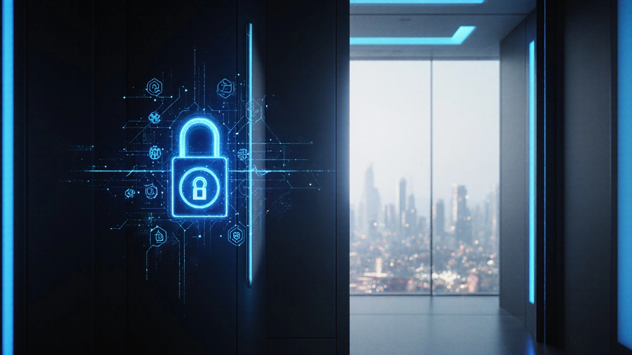 Futuristic door with a glowing AI smart lock and holographic security interface.