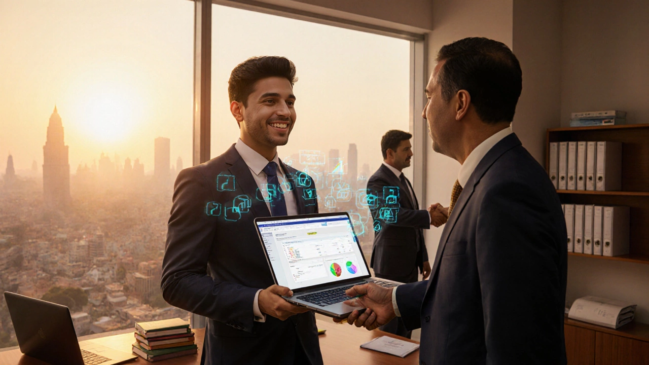 Graduate celebrating job offer in a fintech office with city skyline.