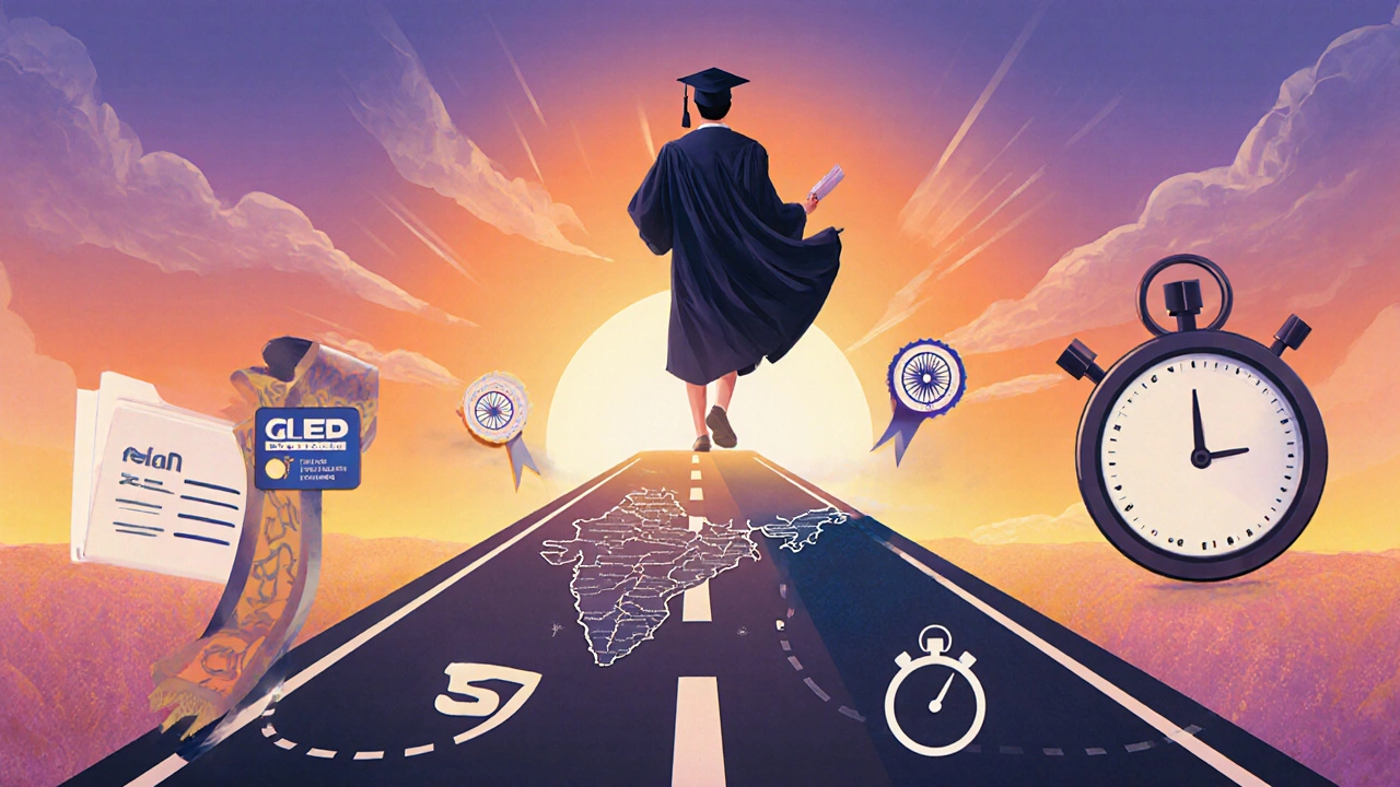 Graduate crossing a finish line that curves into an Indian road map with exam and badge symbols.