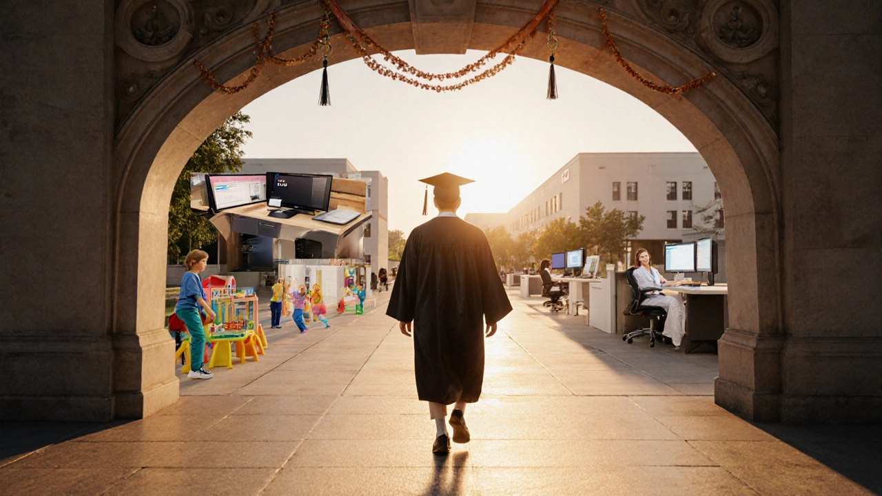 Graduate walking from a campus arch toward four career paths in office, childcare, IT, and nursing.