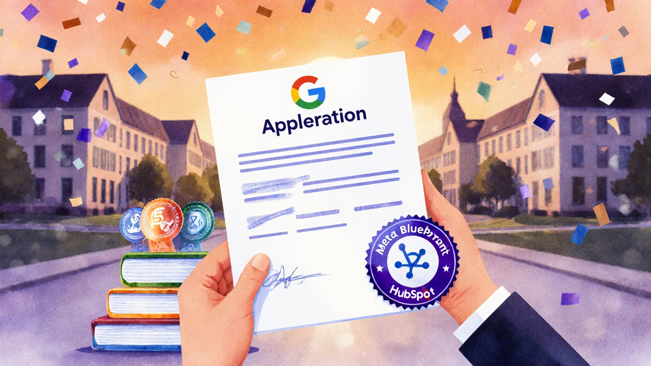 Hand holding acceptance letter and certification badges with sunrise campus backdrop.