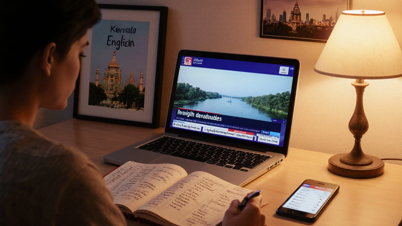 Home study scene with laptop, notebook, and language app for English practice.