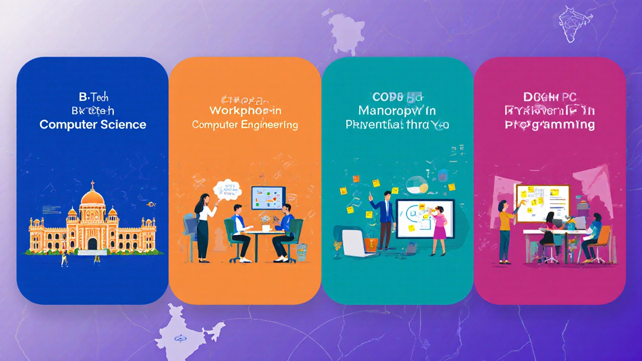 Illustrated collage of B.Tech, Diploma, Certificate, and Bootcamp learning scenes.