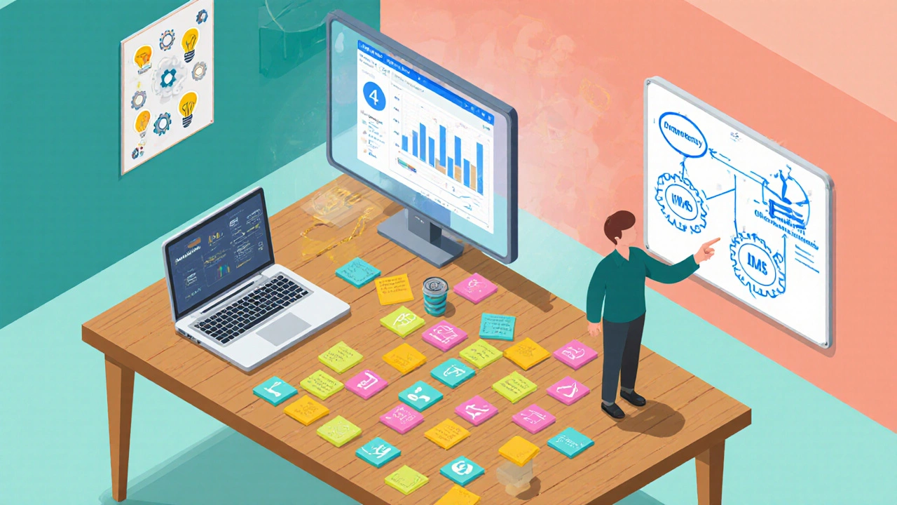 Isometric view of a table with sticky notes, laptop, flowchart, and mentor planning training.