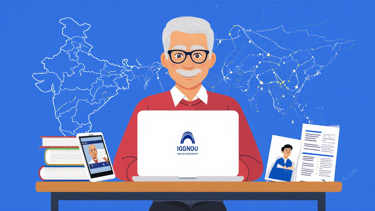 Mature man studying at desk with laptop, textbooks, and Indian map background.