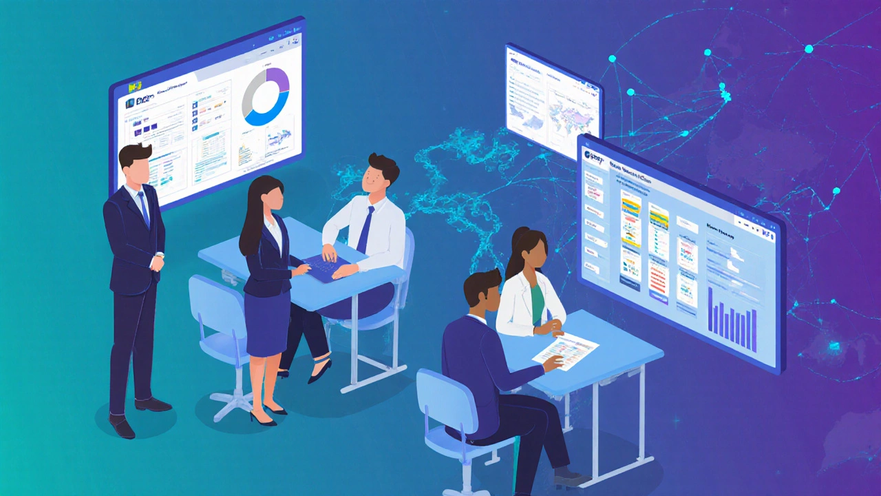 Online trade certification class with diverse students, digital dashboards, and India's outline.