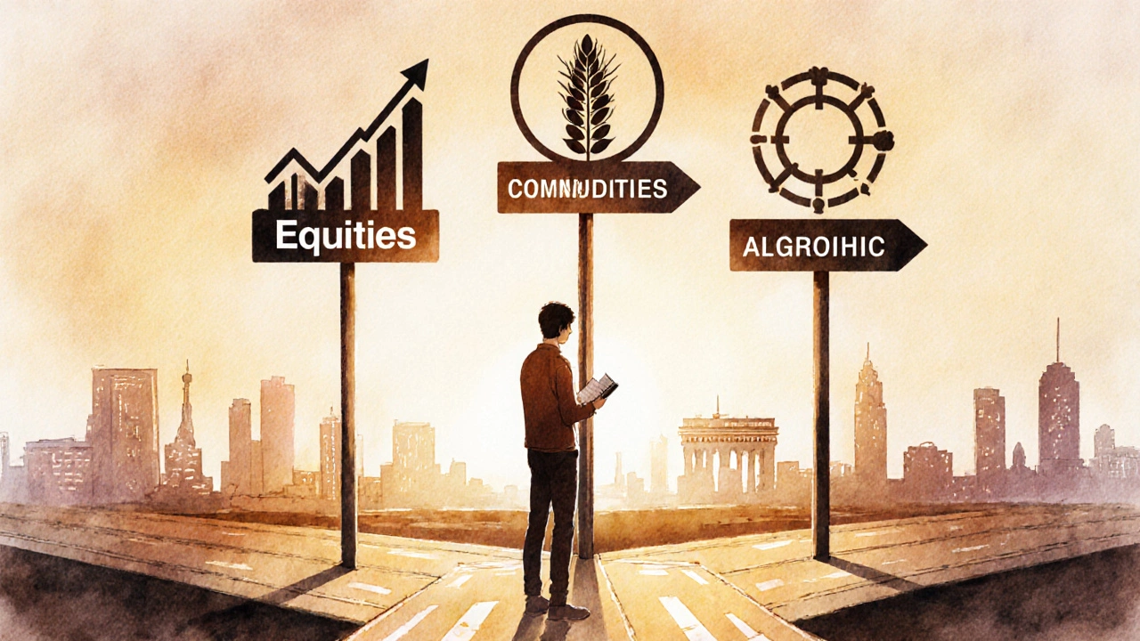 Person at a crossroads choosing among paths representing equities, futures, and algorithmic trading.