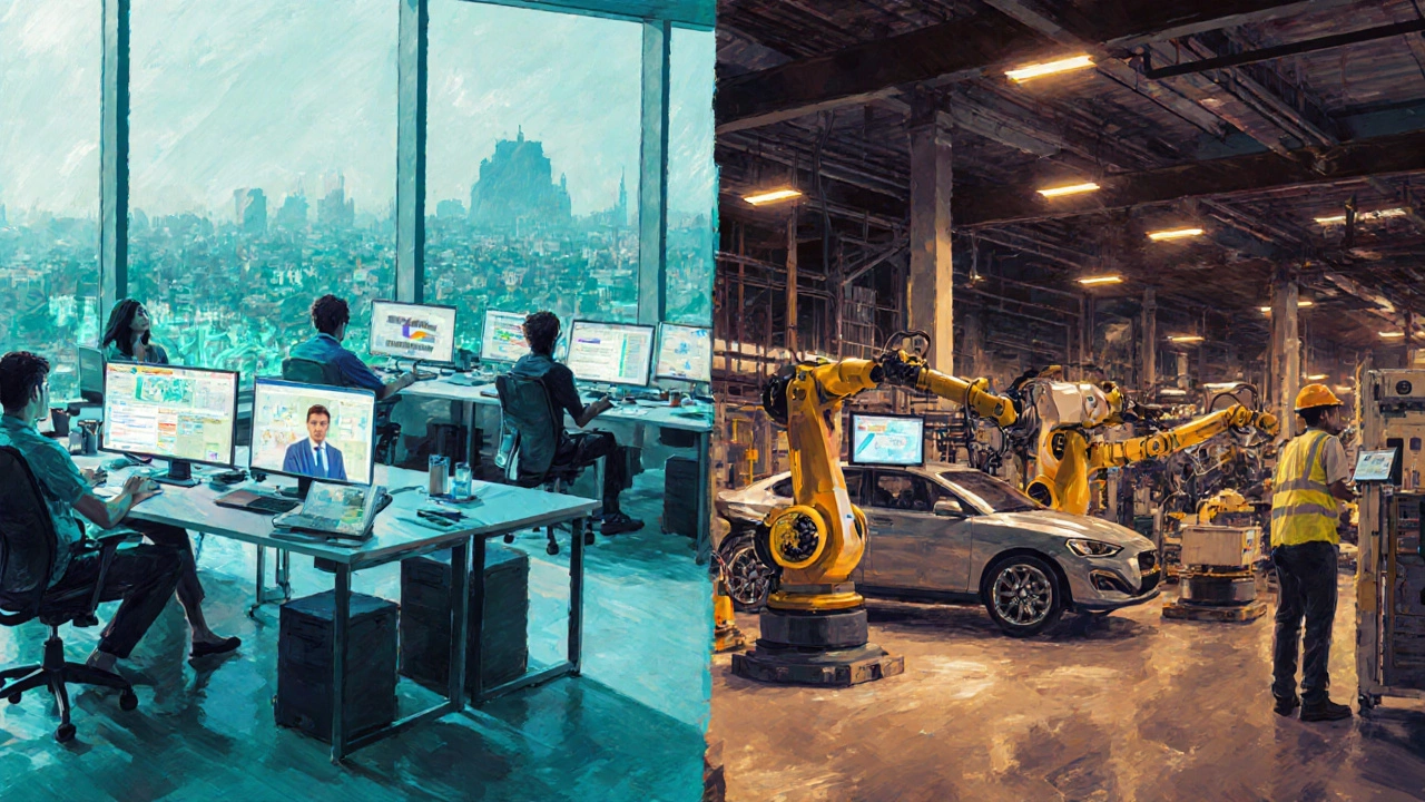 Side‑by‑side view of a tech office and a modern manufacturing floor in India.