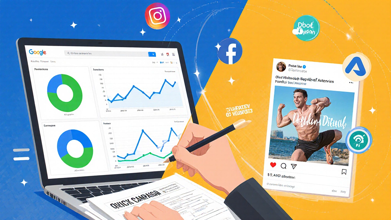 Split-screen workspace showing analytics dashboard, social media ad mockup, and campaign sketch.