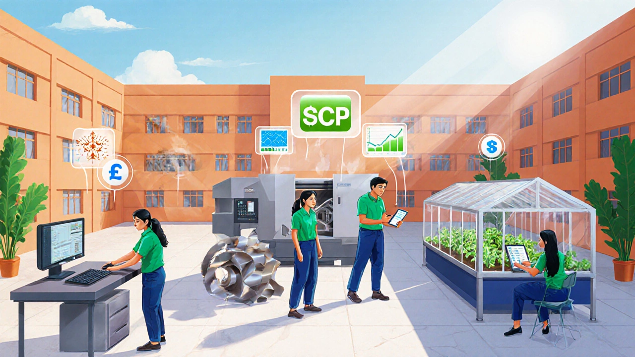 Students learning IT, CNC, farming, and finance at a bright Indian vocational campus.
