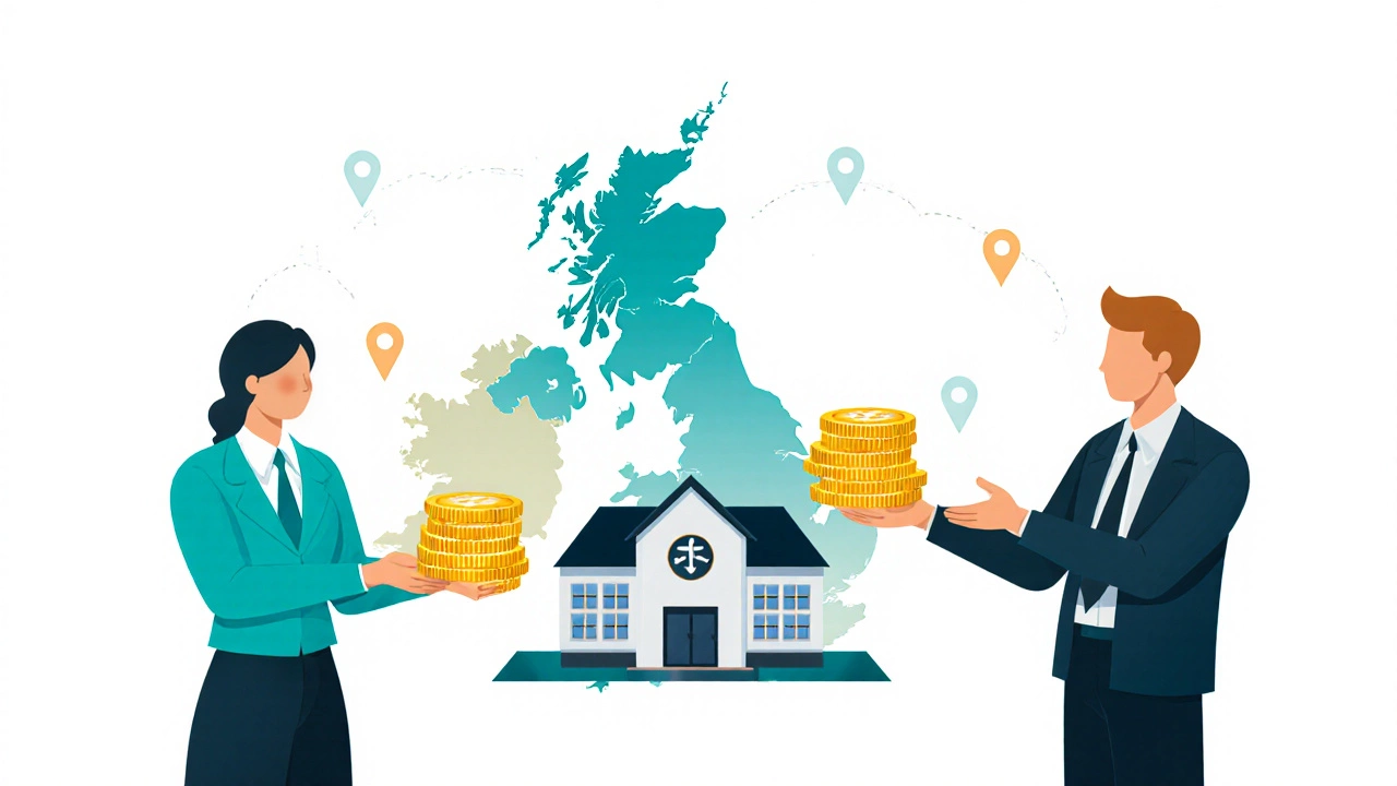 Three hands passing coins toward a training building over a UK map outline.