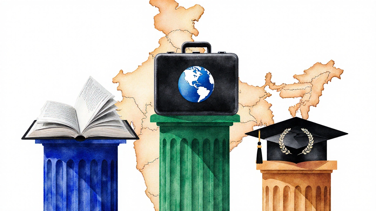 Three pillars (book, briefcase, cap) over a map of India representing proficiency factors.