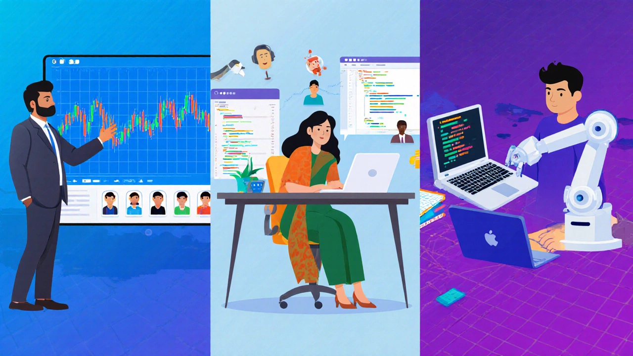 Three side‑by‑side scenes showing an intraday equity instructor, a futures teacher with community chat, and a coding‑focused algorithmic mentor.