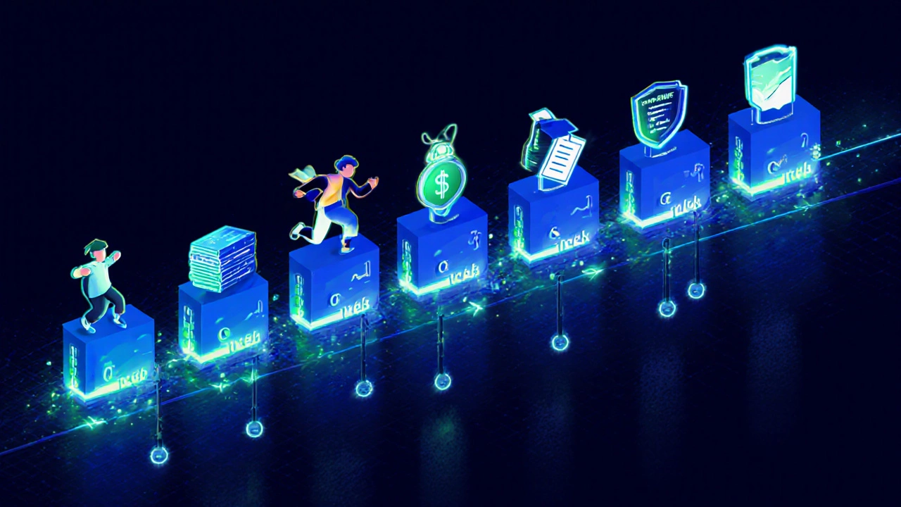 Timeline of 8‑week blocks with a student avatar racing past credit and competency icons.