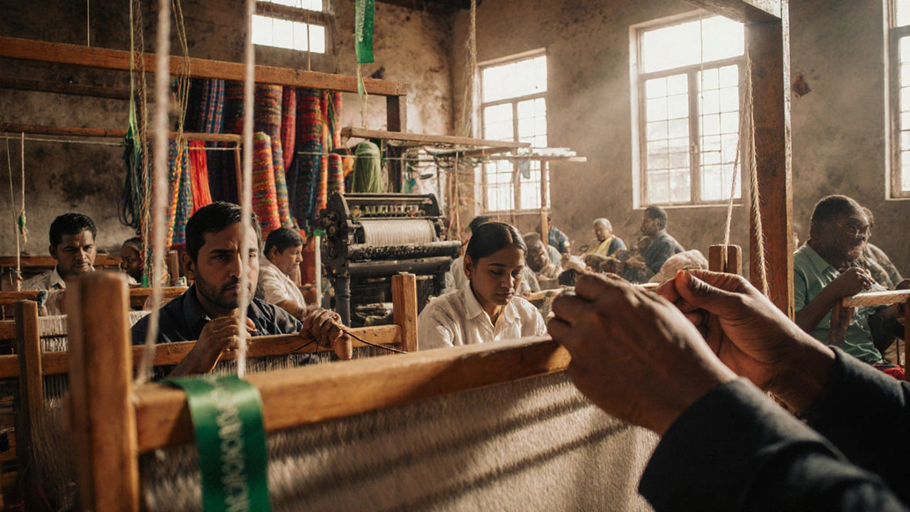 Weavers at wooden looms in a Tamil Nadu textile workshop with colorful cotton fabrics.